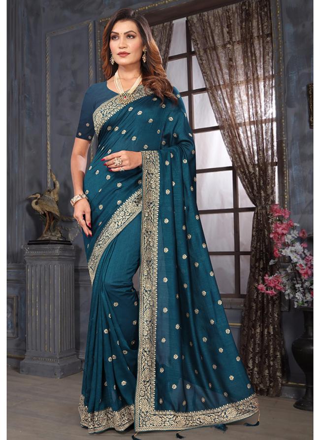 Vichitra Morpeach Wedding Wear Embroidery Work Saree